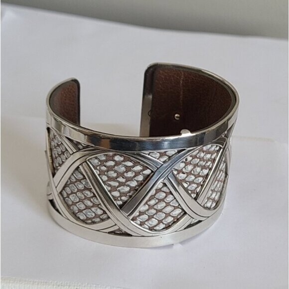 Vintage Brighton Boho Western Wide Chunky Leather Silver Tone Open Cuff Bracelet - Picture 11 of 15